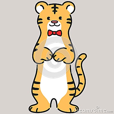 Simple and adorable illustration of tiger standing with a ribbon tie Vector Illustration