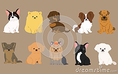 Simple and adorable illustrations of friendly small dogs flat colored Vector Illustration