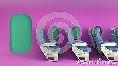Simple Airplane travel concept empty passenger seats in a minimalistic color airplane cabin 3d render image Stock Photo