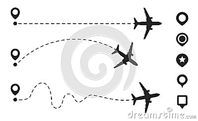 Simple airplane travel line path with map pins. Airplane dashed route path Vector Illustration