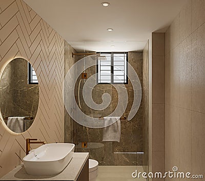 A Simple Bathroom Interior Design With Round Mirror, Marble Tiles Wall, Sink Stock Photo