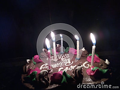 Simple birthday cake with candlelight Stock Photo