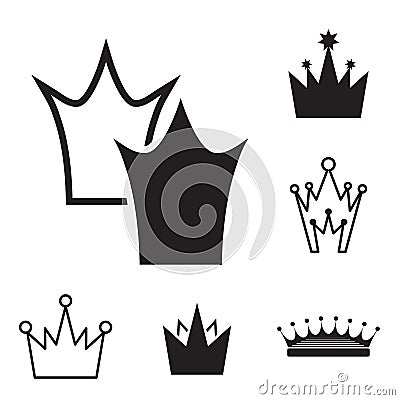 Simple Black Crown Icon Set Isolated Vector Illustration