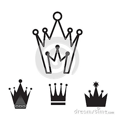 Simple Black Crown Icon Set Isolated Vector Illustration