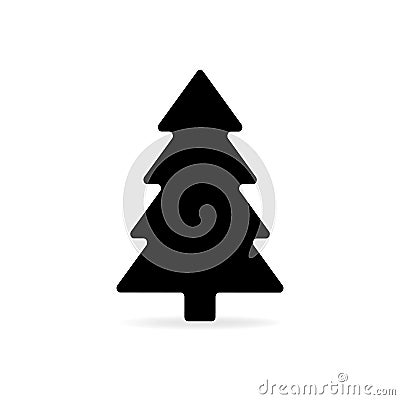 Simple black flat Christmas tree vector icon isolated with shadow; fir tree graphic symbol; sign for Christmas and New Year Vector Illustration