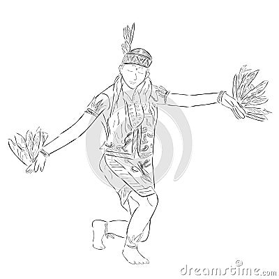 Simple Black Vector Outline Sketch, Dayak Traditional Enggang Bird Dancer, East or West Kalimantan Indonesia Vector Illustration