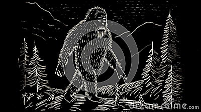 Simple black and white Linocut art of a Sasquatch in the woods. Simplistic lino print Bigfoot illustration Cartoon Illustration