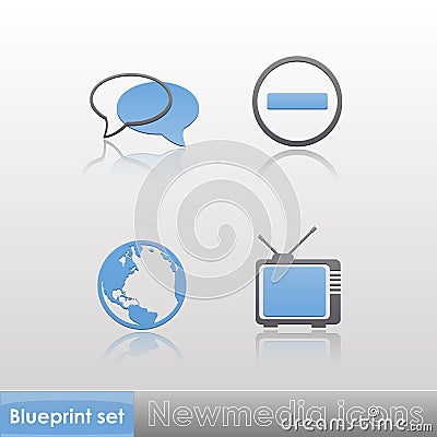 Simple blue-grey new media (globe, tv, stop sign, talk) icons with reflection isolated on neutral background. Vector Cartoon Illustration
