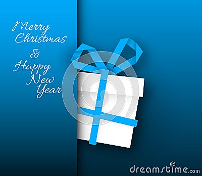 Simple blue vector card with christmas gift made from paper stripe Vector Illustration