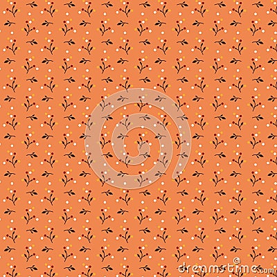 Simple botanical pattern with small colorful leaves and berries on a bright orange background Stock Photo