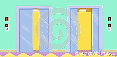 bright cartoon digital drawing with elevators open doors at the first floor Stock Photo