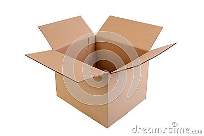 Simple brown, open and empty carton box, isolated on white Stock Photo