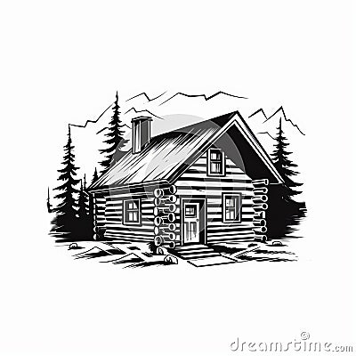 Simple Cabin: Bold Black And White Art With Classic Tattoo Motifs Cartoon Illustration