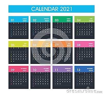2021 Simple Calendar Colorful Design. Isolated on white Vector Illustration