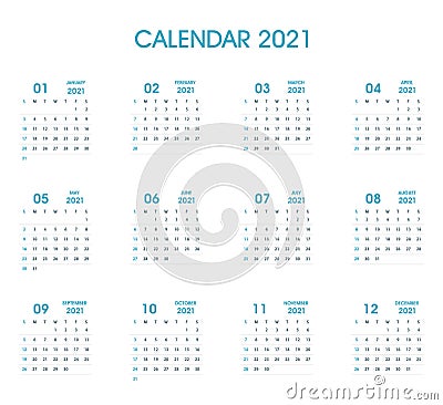 2021 Simple Calendar Flat design. Blue Color Vector Illustration