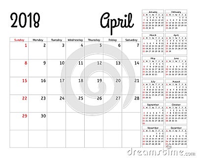 Simple calendar planner for 2018 year. Vector Illustration