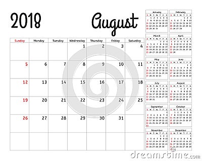 Simple calendar planner for 2018 year. Vector Illustration