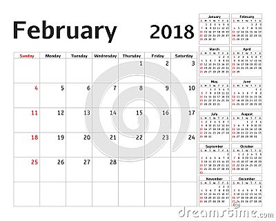 Simple calendar planner for 2018 year. Vector Illustration