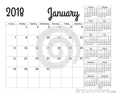 Simple calendar planner for 2018 year Vector Illustration