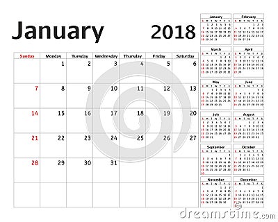 Simple calendar planner for 2018 year Vector Illustration