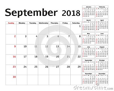 Simple calendar planner for 2018 year. Vector Illustration