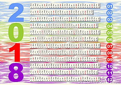 Simple calendar in unusual design. Months in horizontal stripes, background solved with minimalist graphic patterns, colored year Vector Illustration