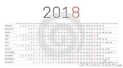 Simple Calendar 2018. Week starts on Sunday Vector Illustration