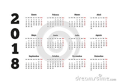 Simple calendar on 2018 year in spanish language Vector Illustration