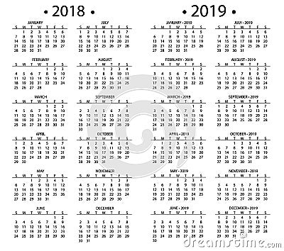 Simple calendar for 2018 and 2019, 2020 years template date day design month business organizer planner vector Vector Illustration