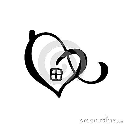 Simple Calligraphy House with heart. Real Vector Icon. Consept comfort and protection. Architecture Construction for design. Art Stock Photo