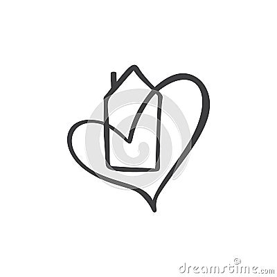 Simple Calligraphy House with heart. Real Vector Icon. Consept comfort and protection. Architecture Construction for design. Art Stock Photo