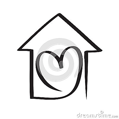 Simple Calligraphy House with heart. Real Vector Icon. Consept comfort and protection. Architecture Construction for design. Art Vector Illustration