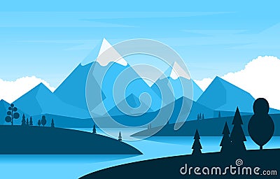 Simple Calm Mountain Forest Wild Nature Scene Landscape Monochrome Illustration Vector Illustration