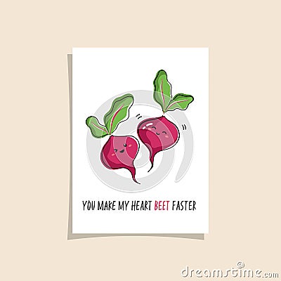 Simple card design with cute veggie and phrase - You make my heart beet faster. Kawaii drawing with beetroot Stock Photo