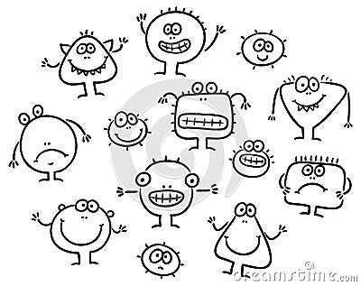 Simple Cartoon Black and White Monsters Set Vector Illustration