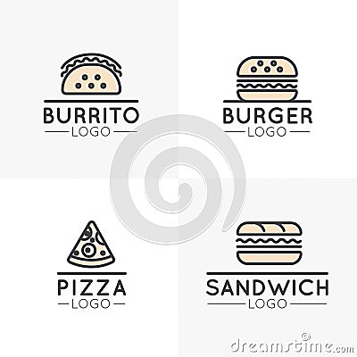 Simple Cartoon Fast Food Items, Hot Dog, Wrap, Pizza, Burrito and Sandwich, Burger Vector Illustration