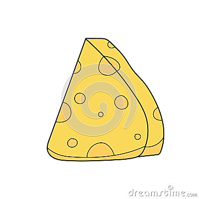 Simple cartoon icon. Cartoon cheese. Triangle piece. Yellow cheese with holes Vector Illustration