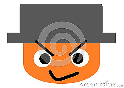 A simple cartoon symbol shape of a male angry face wearing a dark grey hat white backdrop Cartoon Illustration