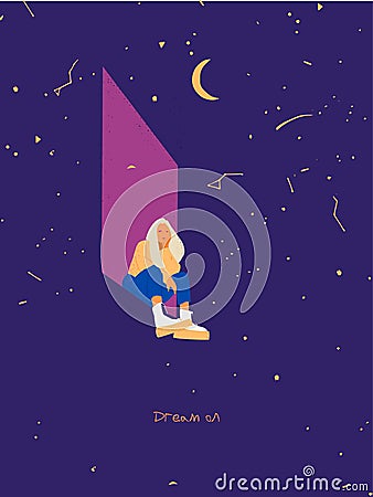 Simple character of woman girl with universe starry night Vector Illustration