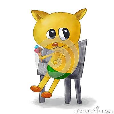 A simple child's drawing of a yellow cat sitting on a chair. Kitten with ice cream Stock Photo