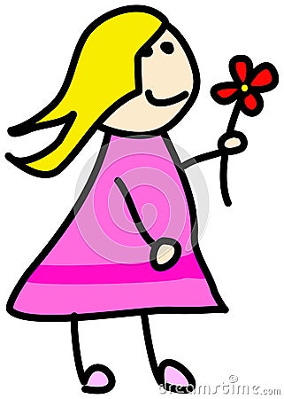 Simple child stickman illustration drawing of girl with blonde Cartoon Illustration