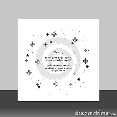 Simple Christmas card with small black snowflakes. Vector Illustration