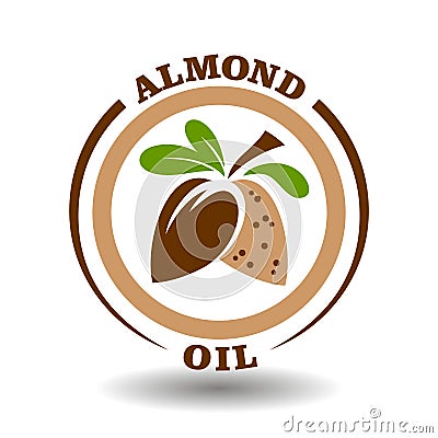 Simple circle logo Almond oil with round half cut nut shells icon and green leaves symbol for sweet almond milk product Vector Illustration