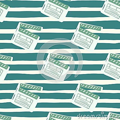 Simple clapperboard doodle seamless pattern. Dark turquoise and white colored pattern with cinema print Cartoon Illustration