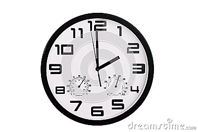 Simple classic black and white round wall clock isolated on white. Clock with arabic numerals on wall shows 14:00 , 2:00 Stock Photo