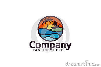 Simple and clean beach logo with a beautiful beach view, there are sunsets, coconut trees and boats, in a circle Vector Illustration