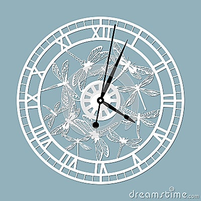 Simple clock face with roman numerals and dragonflies. Vector template for laser cut. Silhouette of dial isolated on Vector Illustration