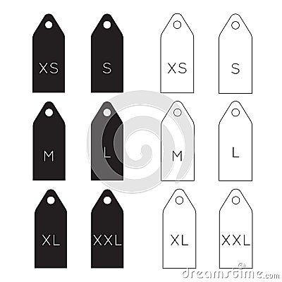 Simple clothing size labels set. Filled and outline style. Xs, s, m, l, xl, xxl symbols Stock Photo
