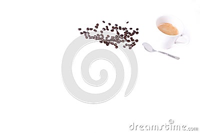 Simple coffee background, roasted coffee beans, cup of coffee an Stock Photo