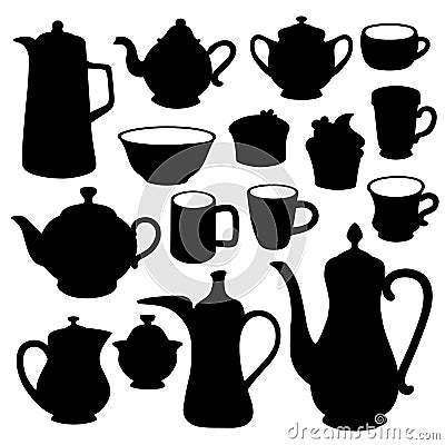 Simple coffee tea crockery silhouette set Vector Illustration